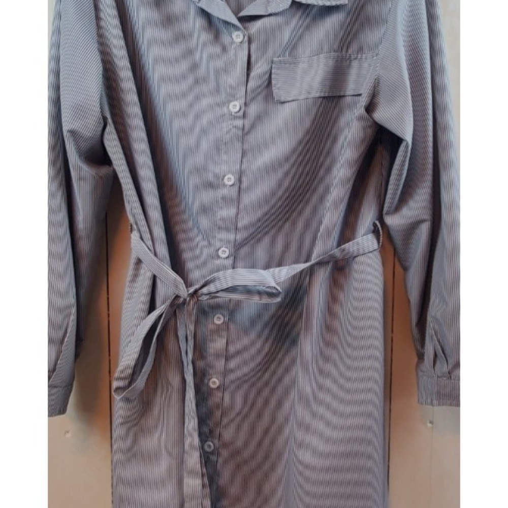Womens Navy Pinstripe Shirt Dress Tie Waist Button Up Long Sleeve Office Size L - Picture 8 of 9